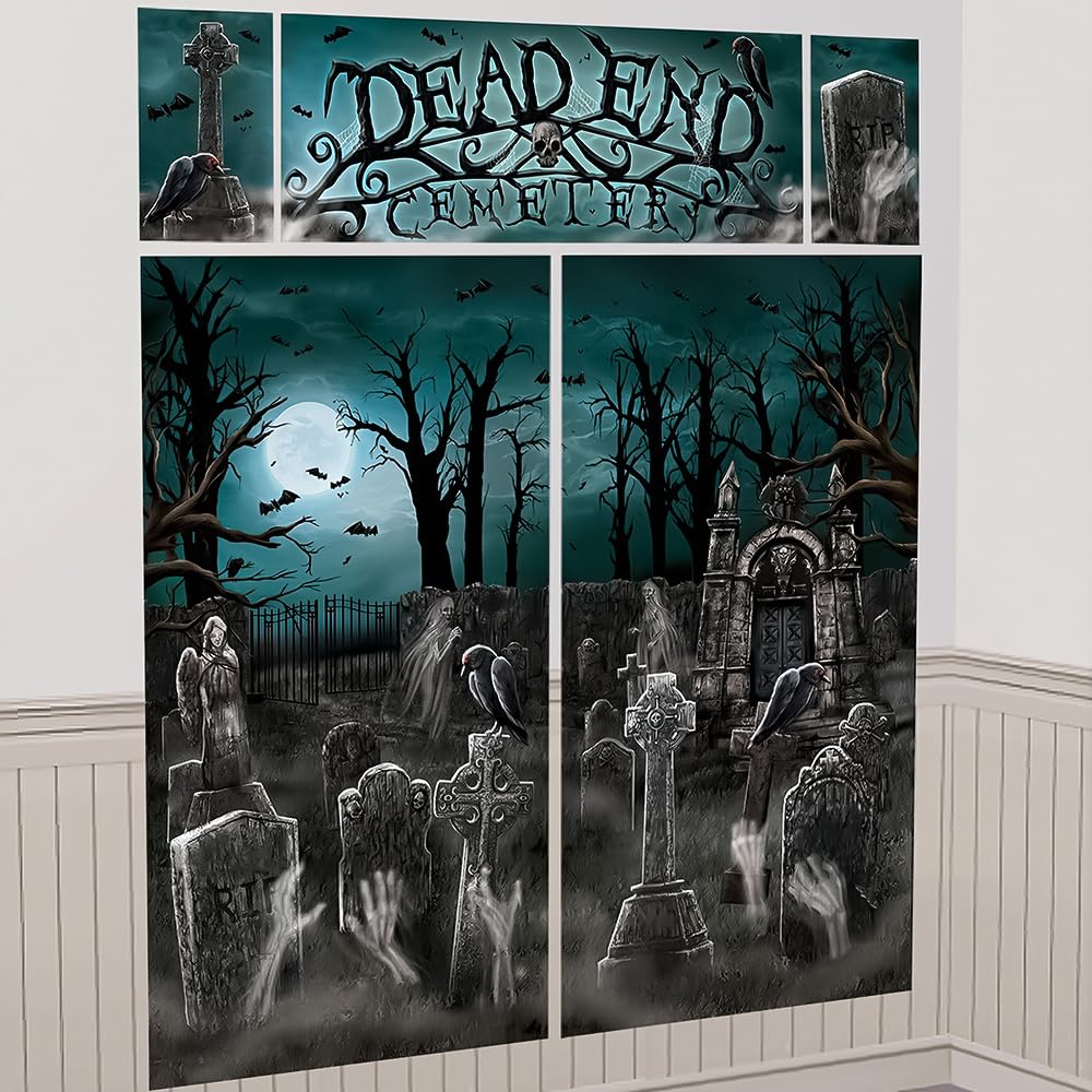 Cemetery Plastic Scene Setters Wall Decorating Kit - 59'' X 32.5 (Pack Of 5) - Spooky Graveyard Party Decor - Perfect For Hallow